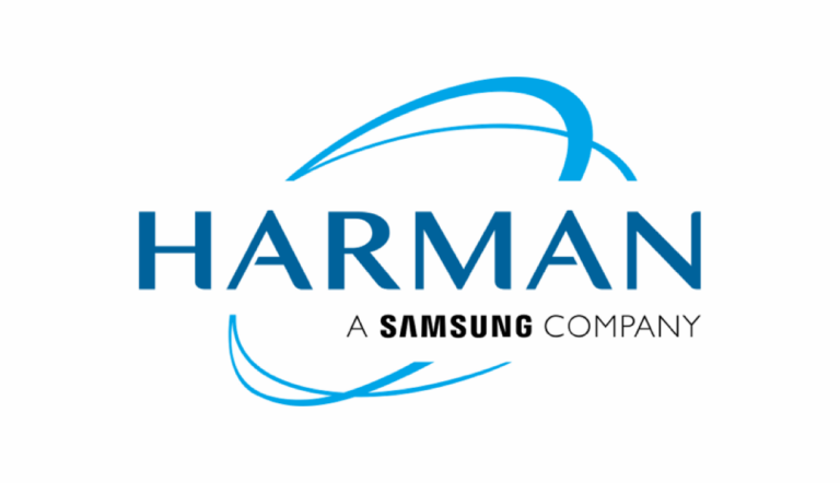 Harman-logotyp med blå swoosh och texten "Harman, a Samsung company" tillsammans med STV-varumärke på grå bakgrund.