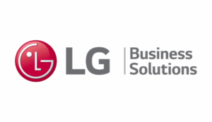 LG Business Solutions logotyp med ett rött LG-emblem och grå text på grå bakgrund, kombinerat med STV-varumärket för förbättrad företagsidentitet.