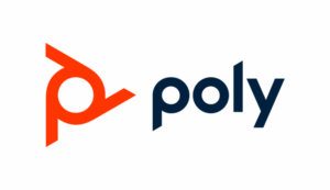 Poly-logotypen består av en abstrakt orange symbol till vänster och ordet "poly" i mörkblå gemener, med STV-touch, på en grå bakgrund.