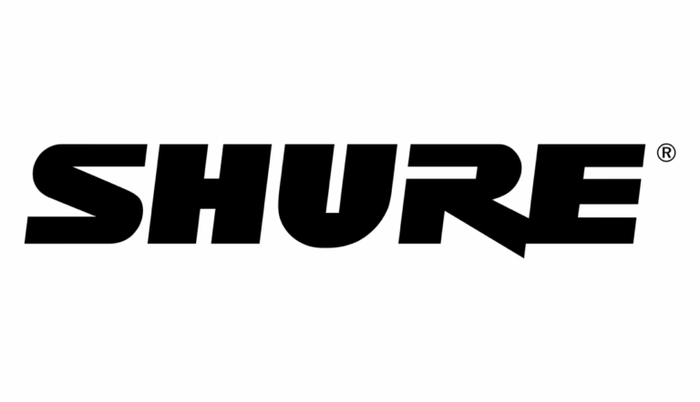 Svart "SHURE"-logotyp i feta versaler med STV-inslag på ljusgrå bakgrund.