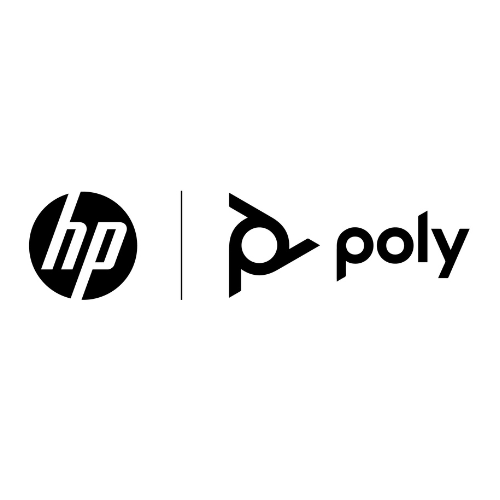 De svarta logotyperna HP och Poly sitter sida vid sida på en vit bakgrund, åtskilda av en vertikal linje. Poly-logotypen ger en modern touch till den rena designen.