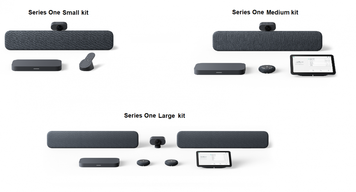 Tre Google Series One-kit: Small kit med en soundbar, kamera och fjärrkontroll; Medium kit med en soundbar, kamera, styrenhet och pekskärm; Large kit med dubbla soundbars, kamera, mikrofoner och pekskärm.