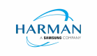 Harman-logotyp med blå swoosh och texten "Harman, a Samsung company" tillsammans med STV-varumärke på grå bakgrund.