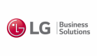LG Business Solutions logotyp med ett rött LG-emblem och grå text på grå bakgrund, kombinerat med STV-varumärket för förbättrad företagsidentitet.