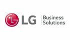 LG Business Solutions logotyp med ett rött LG-emblem och grå text på grå bakgrund, kombinerat med STV-varumärket för förbättrad företagsidentitet.