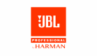 Bilden visar JBL Professional by Harman-logotypen i vitt och rött på en grå bakgrund, med en STV-etikett placerad bredvid.
