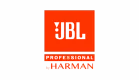 Bilden visar JBL Professional by Harman-logotypen i vitt och rött på en grå bakgrund, med en STV-etikett placerad bredvid.